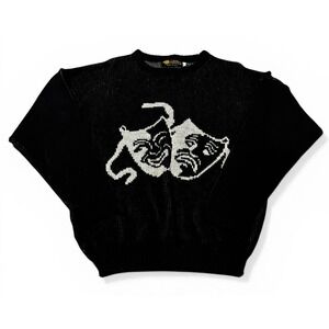 Vintage Albert Elovitz 1987 Sweater M Black Theater Mask Metallic USA